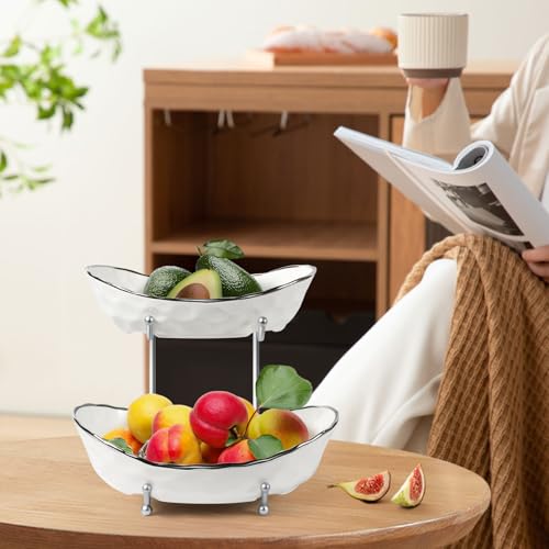 OdoVow Fruit Bowl for Kitchen Counter - Two Tier Ceramic Fruit Basket, Fruit Holder for Fresh Fruit&Veggies, Modern Tiered Fruit Platter Serving Trays for Party by OdoVow - Used condition - Image 8