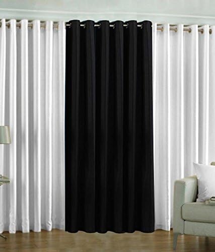 Decoholic Elegant Ring Top Plain Solid 3 Piece Eyelet Polyester Window Curtain Set - 6 ft, White and Black