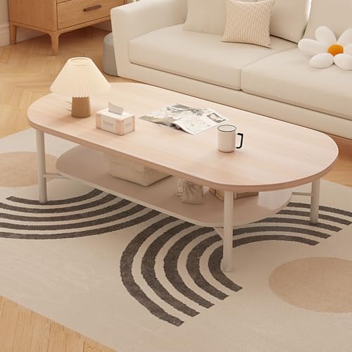 RUYICZB Mesas De Centro Ovaladas para Sala De Estar, Mesa De Centro De Dos Niveles con Estante De Almacenamiento para Sala De Estar En Apartamentos Pequeños,Natural,100 * 50cm