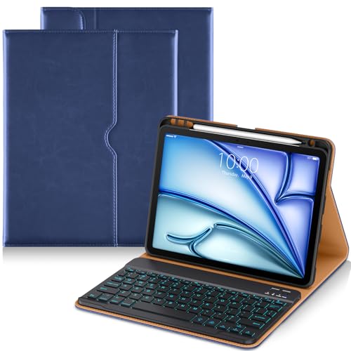 Image of DTTO Keyboard Case for iPad Air 11 Inch M4 /M3 /M2 2026 /2025 /2024, iPad Air 5th /4th Gen 10.9-Inch, 7 Colors Backlit Wireless Detachable Folio Keyboard Cover with Pencil Holder & Pocket, Navy Blue