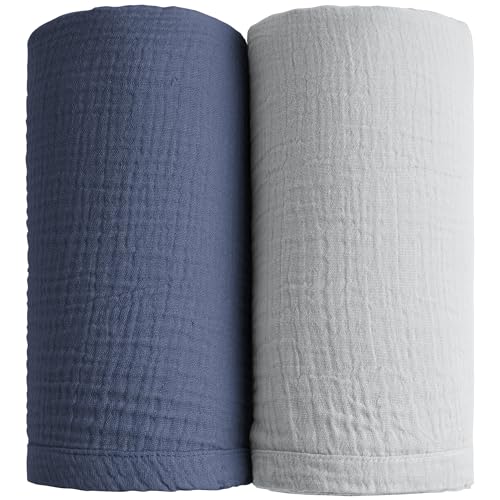 Konssy Muslin Swaddle Blankets for Boys Girls, 2 Pack Receiving Baby Blanket Large 47 x 47 inches, Soft Breathable Swaddling Wrap for Unisex Newborn (Navy, Grey)