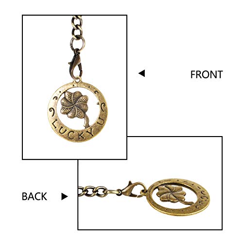 Treeweto Men's Albert Chain Pocket Watch Curb Link Key Chain 2 Hooks With Antique Lucky Four-Leaf Clover Bronze Pendant Design Charm Fob T Bar #TOP4