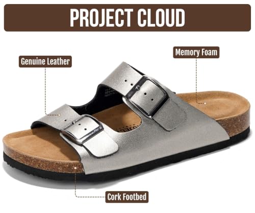 Image of Project Cloud 100% Genuine Leather Flat Sandals For Women 2026 Cork Footbed Womens Sandals with Memory Foam and arch support Vacation Essentials Slides for Women Footwear (Venita)