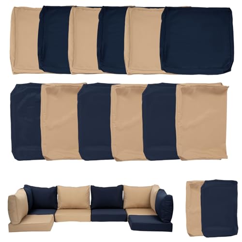 Actualaction Outdoor Cushions Covers for Patio Furniture, Patio Cushion Covers Replacement with Zipper, Outdoor Cushion Covers Waterproof & Fade Resistant,14 Pieces (Navy Blue+Khaki, 25.6x25.6x4inch)