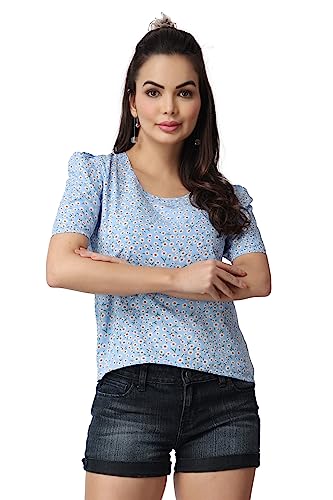 Image of POPWINGS Casual Printed Puff Sleeves Round Neck Top for Women || Stylish Summer Tops for Women || Hip-Length Women Top