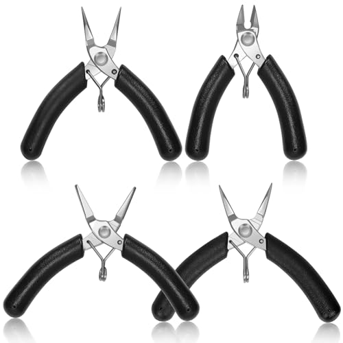 Swpeet 4Pcs 4 Tipos 3.5 pulgadas Ajillas de joyería Conjunto, herramientas de fabricación de nariz de aguja redondas dobladas Cortadores de alambre laterales diagonal para suministros de fabricación