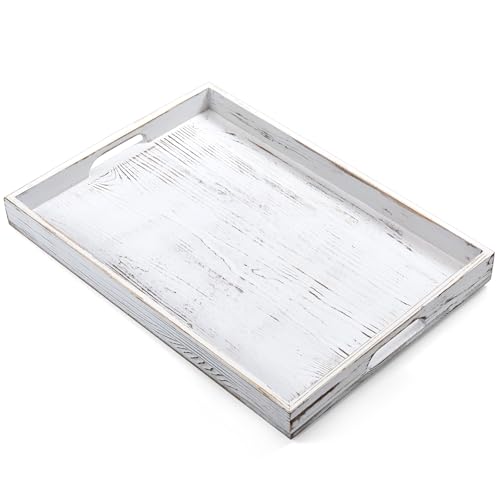 17 Inch Rustic White Serving Tray with Handles - Large Wooden Tray for Ottoman, Breakfast in Bed, Dinner, Coffee Table - Decorative Rectangular Tray for Living Room Bedroom Entryway and Kitchen Decor