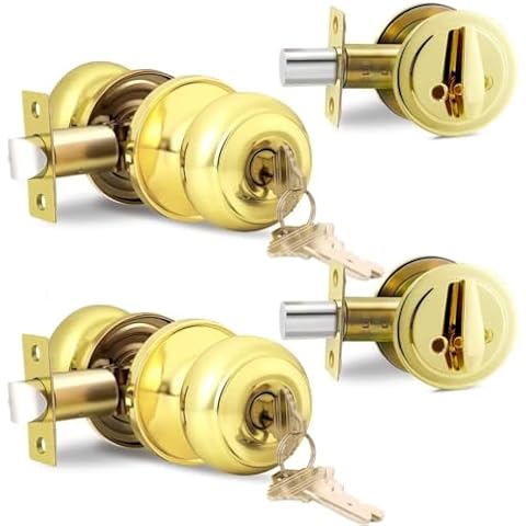 NIZADO Keyed Alike Door Lock Sets with Single Cylinder Deadbolt, 2 Pack Polished Brass Interior and Exterior Door Knob Set, Round Ball Door Knobs for Front Door Cover