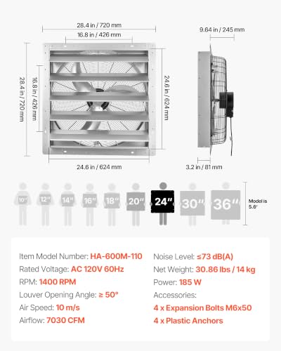Image of VEVOR 24 Inch Shutter Exhaust Fan Wall Mounted Automatic Louvers Silver, Sturdy Steel Housing, Low Noise, AC Motor, 7030 CFM Ventilation and Cooling for Attic, Garage, Barn, Greenhouse, Workshop | Wall Mounted Attic Fan Automatic Shutter, AC Motor, Heavy-Duty, Ventilation Cooling for Garage, Greenhouse, Shed, Silver