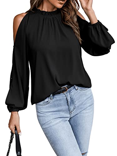 SweatyRocks Women's Casual Long Lantern Sleeve Cold Shoulder Top Cut Out Ruffle Trim Blouse4