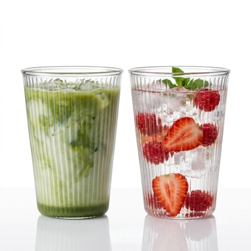 Image of PEBELLIFEWARE Ribbed Glass Coffee Mugs Set of 2 - 345ml Japanese Tumbler | Set of 2 Handblown Ribbed Borosilicate Glasses 345ml for Iced Coffee & Matcha, Heat Resistant, Microwave & Dishwasher Safe