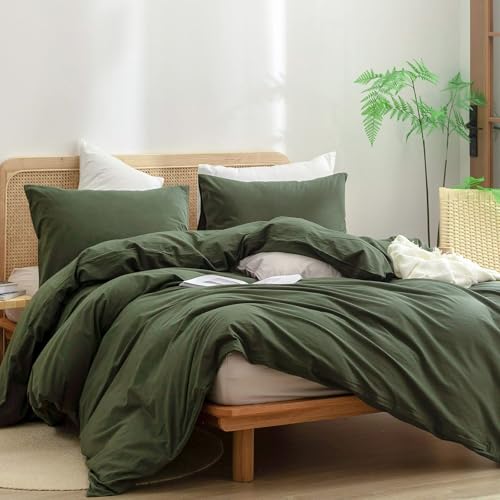 Image of BESTOUCH Cotton Solid Duvet Cover Set Linen Feel Olive Green Oversized Full | 100% Washed Cotton, Soft Wrinkle Texture, Hidden Zipper, 8 Ties, Breathable Lightweight Durable Comfy, 3 Pcs No Insert