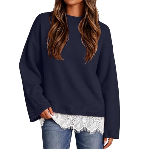 Navy Sweater for Women Knit Lace Trim Hem Long Sleeve Pullover Tops - image 1