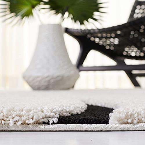 Image of Geometric Wave Shaggy Rectangular Carpet For Living Room,Bedroom,High Low Design Finish Microfiber 1.8 Inch Pile High,3X5 Feet Ivory|Black Color