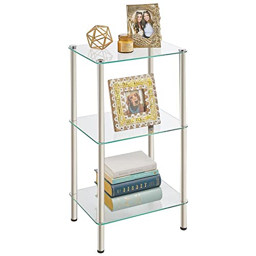 Mdesign Metal/Glass 3-Tier Storage Tower, Narrow Shelving Display Unit, Open Glass Shelves; Multi-Use Stand For Living Room, Bathroom, Home Office, Hallway, Bedroom Organization - Satin/Clear #TOP1