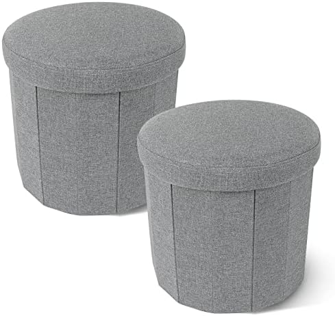 NO MORE TAG Round Storage Ottoman Linen Fabric Small Storage Ottoman with Removable Lid, Ottoman with Storage for Living Room and Bedroom 2 pcs, Dark Gray