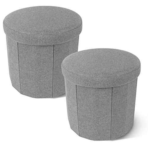 No More Tag Round Storage Ottoman Linen Fabric Small Storage Ottoman With Removable Lid, Ottoman With Storage For Living Room And Bedroom 2 Pcs, Dark Gray #TOP8