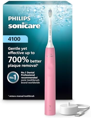 SONICARE Adult Philips 4100 Power Toothbrush, Rechargeable Electric Toothbrush With Pressure Sensor, Deep Pink Hx3681/26, 1 Piece
