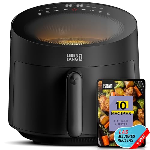 LEBENLANG Freidora aire 5 litros & 1500W - Incl. libro de recetas & 8 programas I Air fryer caliente cristal sin aceite & grasa I Airfryer Freidoras de aire pequeña Air frier frayer Airfrier Airfrayer