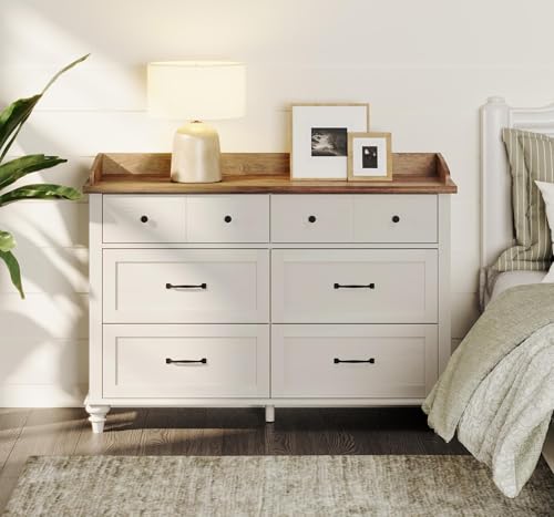Image of WAMPAT Dresser for Bedroom with 6 Drawers, Wooden Kids Dressers with Wide Chest of Drawers, Mid Century Modern Closet Storage Organizer for Living Room, Nursery, Hallway, Off White