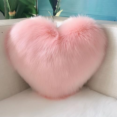 Coussin déco de salon cocooning en forme de cœur rose moelleux - 6