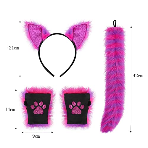 Fluffy Fox Cat Ears Headband Tail and Gloves Set Faux Fur Wolf Fox Cosplay Costume Animal Ears Headwear Long Tail Cat Paw Gloves Dress Up Kit for Halloween Role Play Fancy Dress Party Accessory - Image 4