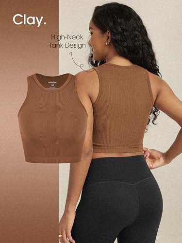 Image of ODODOS 3-Pack Seamless Crop Tank for Women Ribbed Soft High Neck Cropped Tops, Brunette+Clay+Mushroom, Medium /Large