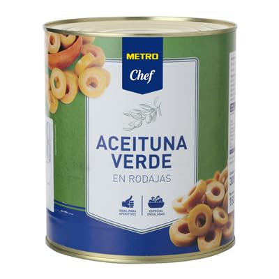 Aceitunas Verdes en Rodajas Chef – El Toque Versátil para tus Aperitivos y Platos Varios Formatos (1 LATA, 3400g. (Esc. 1500g))