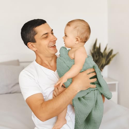 Image of lulumoon Muslin Swaddle Blankets for Baby: Lightweight & Breathable Receiving Blankets for Hospital - Neutral Registry Gift for Newborn 3pack (Sage Foreststump)