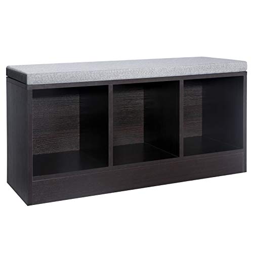 VASAGLE Padded Shoe Bench with Cushion, 3-Cube Wooden Storage Box Organizer, for Shoes