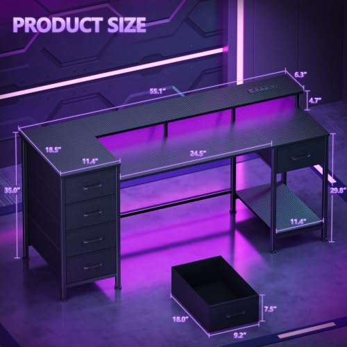 Image of Korfile 55 Inch Gaming Desk with Power Outlets and LED Lights, Reversible Computer Desk with 5 Fabric Storage Drawers, Home Office Desk with Monitor Stand for Working Writing Study, Carbon Fiber Black