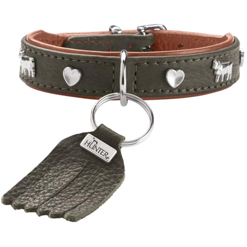 HUNTER Hundehalsband MÜNCHEN MINI, Farbe: grün/Cognac, für kleine Hunde und Welpen, Leder, edle Trachten-Details, weich und robust, fellschonend, luxuriös, nachhaltig, Made in Germany, Größe: 30
