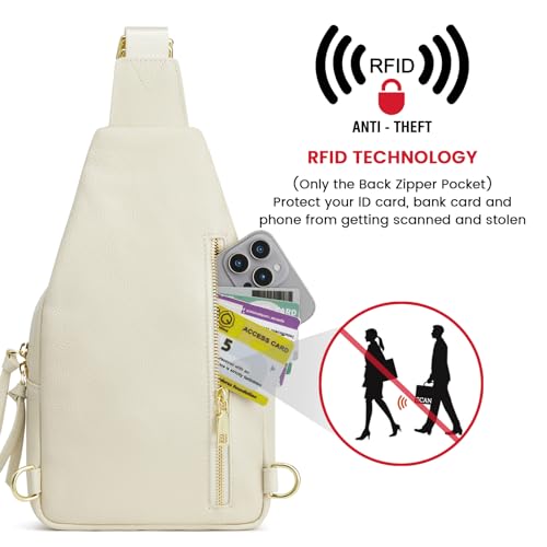 Image of Kattee Small Leather Sling Bag for Women with RFID Blocking,Beige | Top grain pebbled leather with RFID blocking, multiple pockets, and a convertible strap for travel.