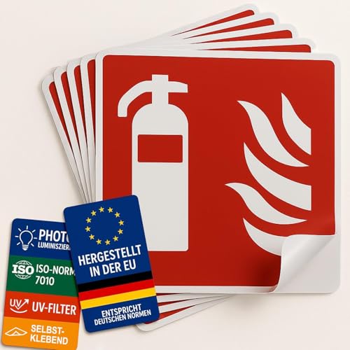 notlok Safety Work 5x Feuerlöscher Schild Aufkleber [ 10x10 cm ] selbstklebend & nachleuchtend nach DIN EN ISO 7010 | Brandschutz Piktogramme | Schild Feuerlöscher | Wetterfeste Sicherheitsschilder