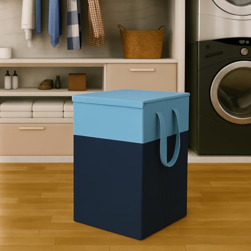 Image of Homerz Premium Folding Laundry Basket for Clothes with lid and handles, 24X17X47 inch size, Laundry Bag Cloth Basket Non Woven Laundry Bin Laundry Bags for Clothes Freestanding (Blue)