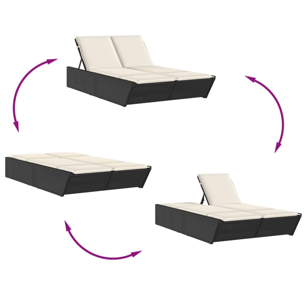 Doppel Sonnenliege, Gartenliege mit Auflagen, Doppelliege für Garten Terrasse, Relaxliege Sonnenbett Gartenmöbel,Poly Rattan Doppel Sonnenliege,Schwarz