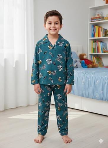 Image of TONY & JONY Summer Casual Wear Self Design Cartoons Printed Full Sleeve 100% Pure Cotton Kid's Top Bottom Set /Night Suit