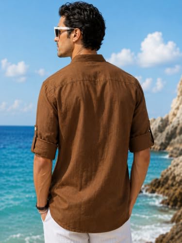 Image of Majestic Man Men's Pure Cotton Solid Mandarin Collar Slim Fit Roll-Up Sleeves Short Kurta Lightweight Summer Kurta for Daily & Occasion Use