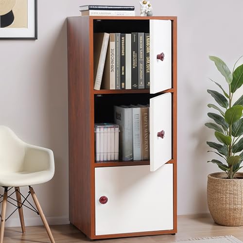 Image of ABOUT SPACE Wooden Book Rack - 3 Tier Storage Cabinet for Living Room with Magnetic Door, Space Saving Book Self for Home, Engineered Wood Cabinet (Oak Red - L 38 x B 38.5 x H 100.5 cm)