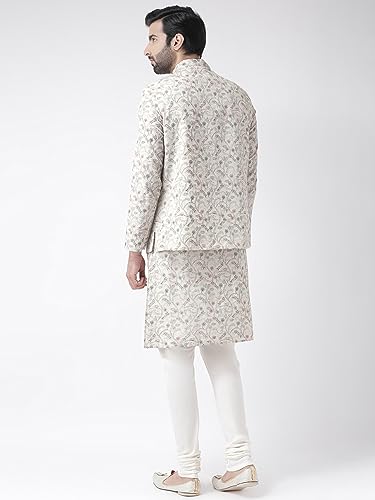 Image of KISAH Men White Floral Kurta with Churidar Jacket, Full Sleaves, Knee Length, Straight, Regular Fit, Mandarin Collar Ethnic Casual Traditional wear