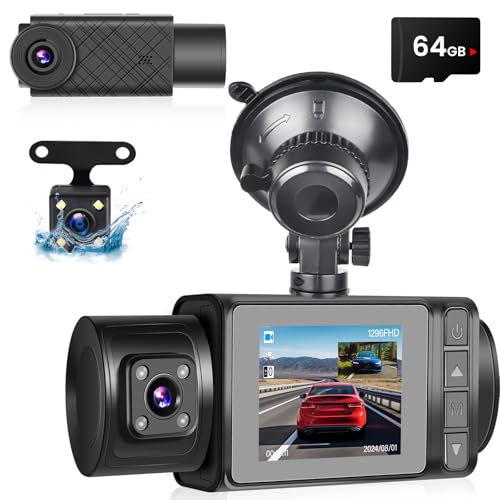 NHOPEEW Dash CAM Delantera y Trasera 1296P + Gran Angular Cámara de Visión Trasera - Dash CAM con Pantalla de 2 Pulgadas G-Sensor/Grabación en Bucle/Visión Nocturna + 64G Tarjeta SD