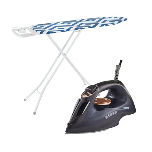 GEEPAS Steam Iron & ROYALFORD Ironing Board Set | 2400W Ceramic Soleplate Adjustable Steam Control 220ml Water Tank | 114x33cm Foldable Board with Cotton Cover Height Adjustment Iron Rest