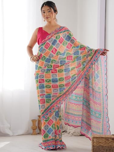 Image of Panzora Women's Chinon Printed Saree With Unstitched Blouse Piece