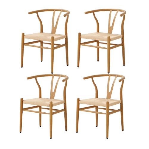 JZGORC Juego de 4 Sillas de Comedor Tejidas, con Cojín de Asiento de Ratán y Respaldo en Forma de Y, Patas de Metal con Vetas de Madera, Adecuado para Comedor, Sala de Estar y Dormitorio