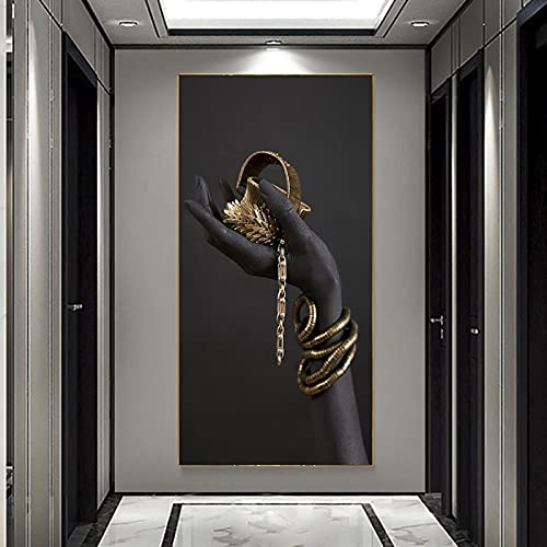 Art africain pour décoration murale de salon : toile main noire aux bijoux dorés 40x80cm