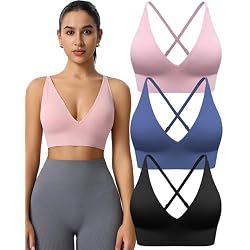 Evercute Womens Sports Bras 3/4 Pack Adjustable Deep V Neck Bras Wireless Spaghetti Strap Criss Cross Padded Low Support Bra