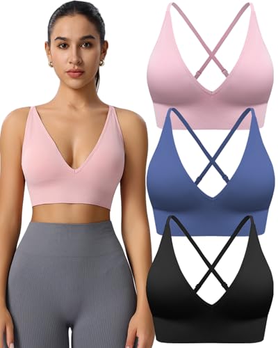 Image of Evercute Women's Sports Bras 3 /4 Pack Adjustable Deep V Neck Bras Wireless Spaghetti Strap Criss Cross Padded Low Support Bra