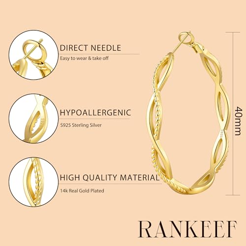 RANKEEF Gold Hoop Earrings for Women Hypoallergenic Lightweight Twisted Hoop Earrings 14K Real Gold Plated Earrings 30/40/50/60MM3