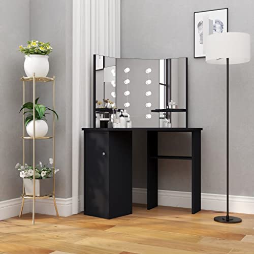 Tocador esquinero negro con espejo de 3 paneles y luces LED para el dormitorio