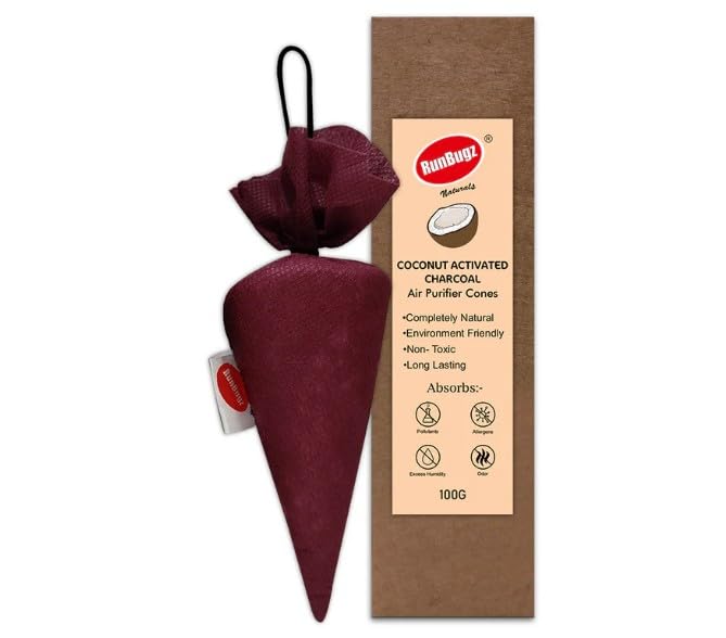 RunBugz Activated Carbon Air Purifier Cone to remove Odor and Moisture from Car | Air Freshener & Mosquito Repellent | 100 Grams Coconut Activated Charcoal (Classic Maroon) (Pack of 2)